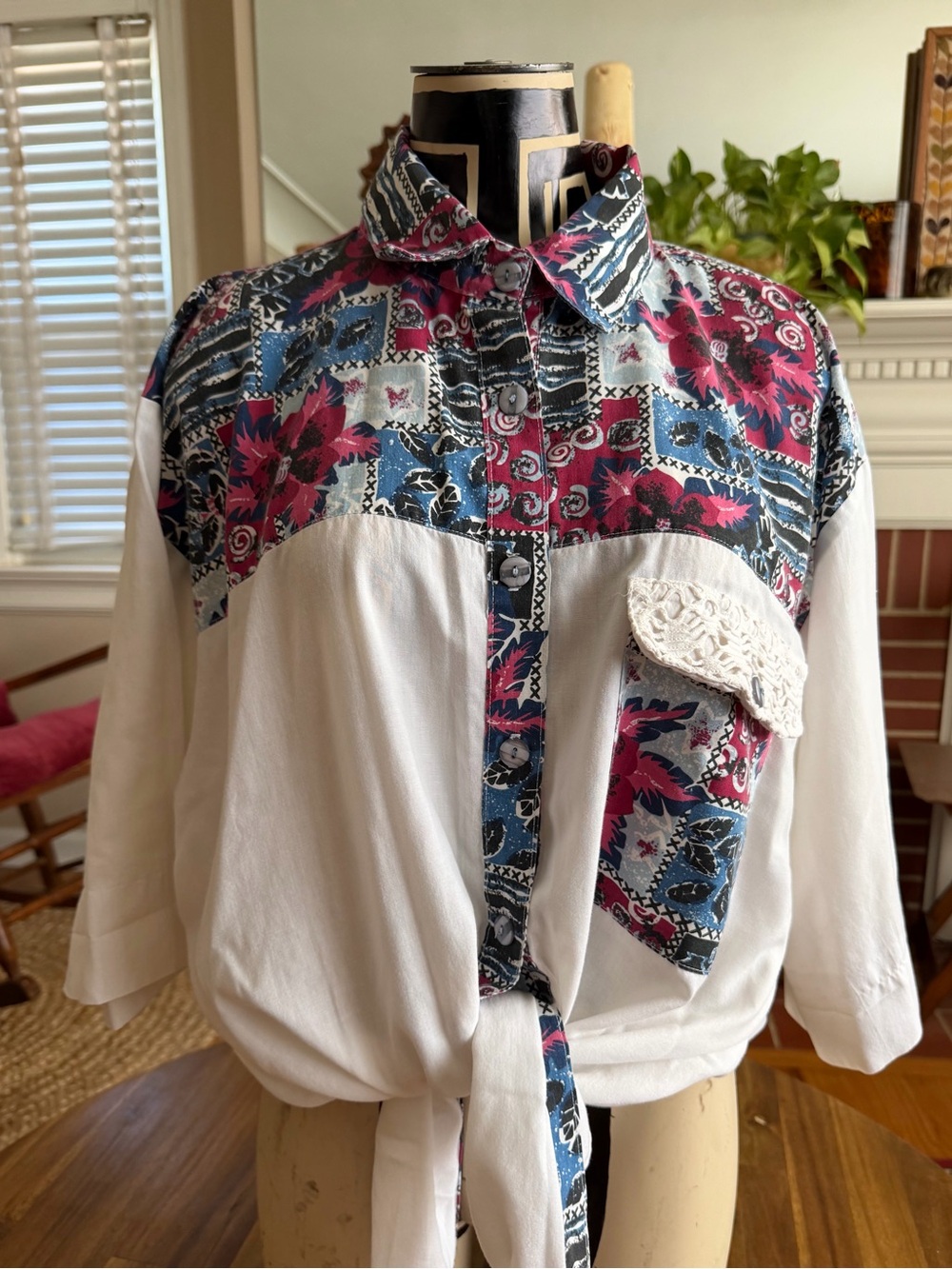 Vintage 90s Northwest Blue Western Style Blouse with Lace Pocket Detail